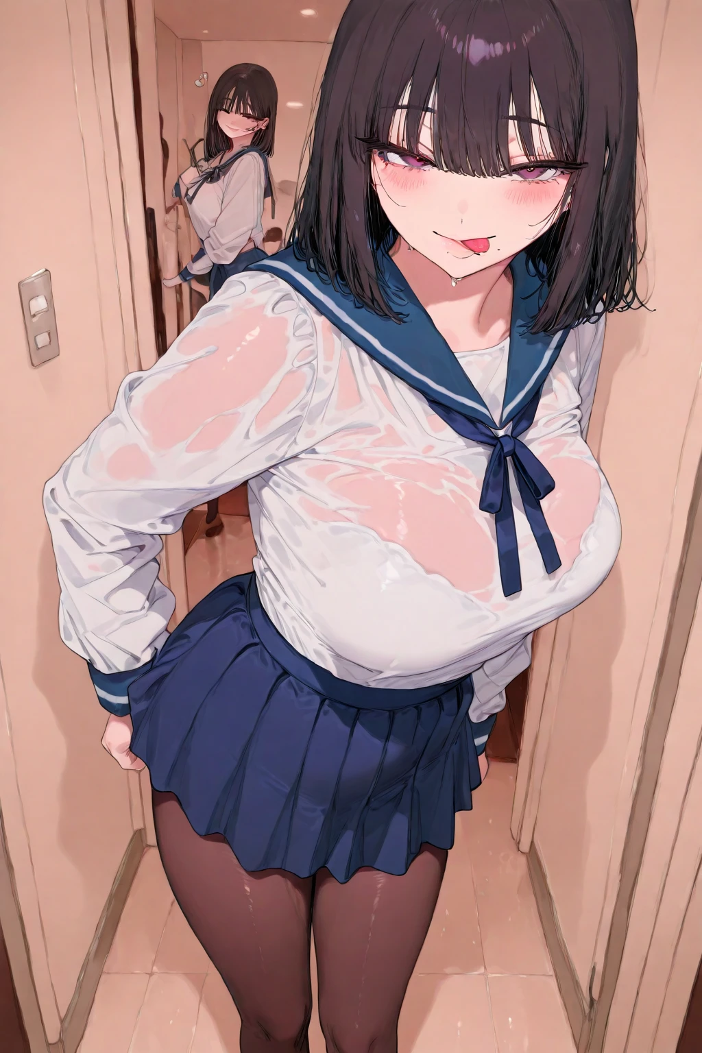 2 girls, by 2 person, Girl&#39;s brown eyes, black hair, medium long hair, Inward roll、(Navy blue sailor suit:1.4),indoors, Cafe、very big breasts、publish one&#39;chest of、Naked things&#39;chest of、blush、embarrassing、scary face、I&#39;m worried、confused face、a large amount of breast milk comes out of the nipples,、Breast milk gushes from the nipple、very short skirt、micro mini skirt、female shape&#39;Private parts are clearly visible、vibrator in thighhighs、The crotch is wet with love juice、Looks painful、Full body portrait