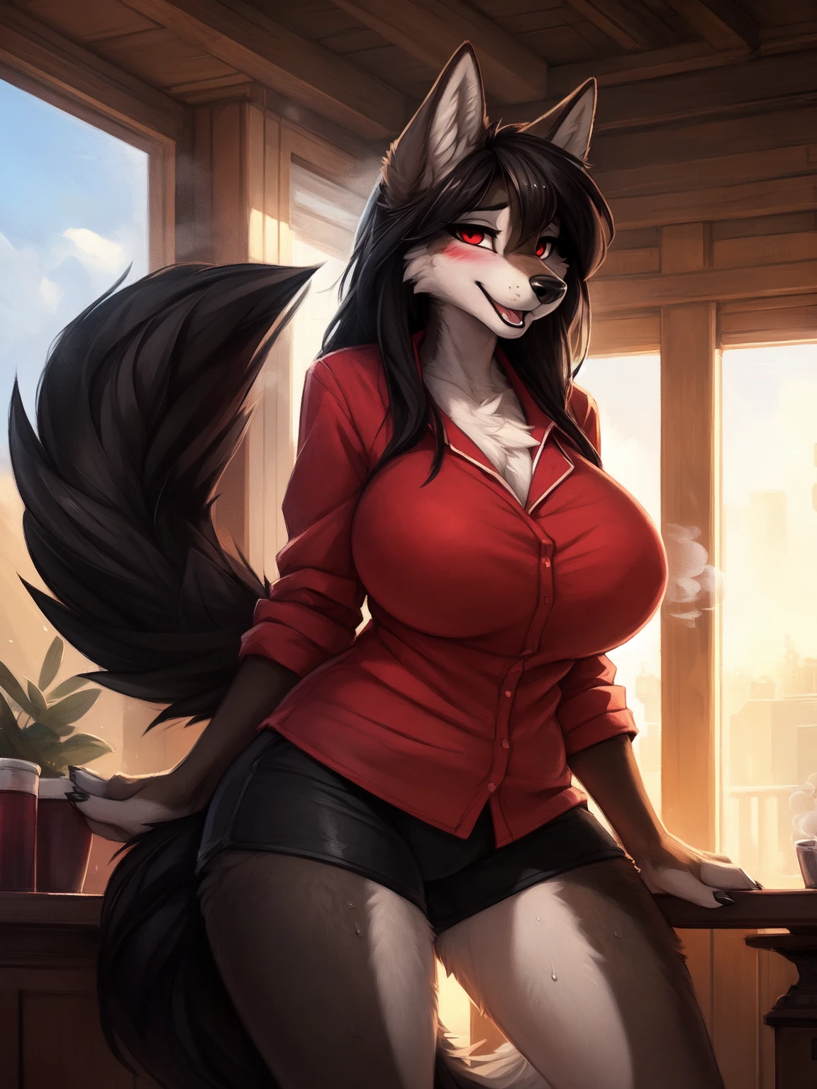 a deitaled red furred wolf with jeans pants, purple shirt and black glasses, brown eyes, short black hair, smiling