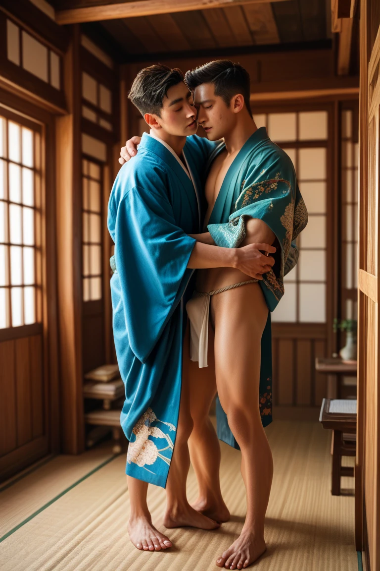 1boy、Real photo style、Photo Quality、Cute handsome man、Mash Hair、Japanese male, 、Completely naked、Full nudity、erection、Huge penis、Highest quality、Realistic、beautiful、Back view、Butt Exposed、Face turned to the side、Surrounded by middle-aged women in kimonos, he is touched all over his body、Japanese garden、Back view