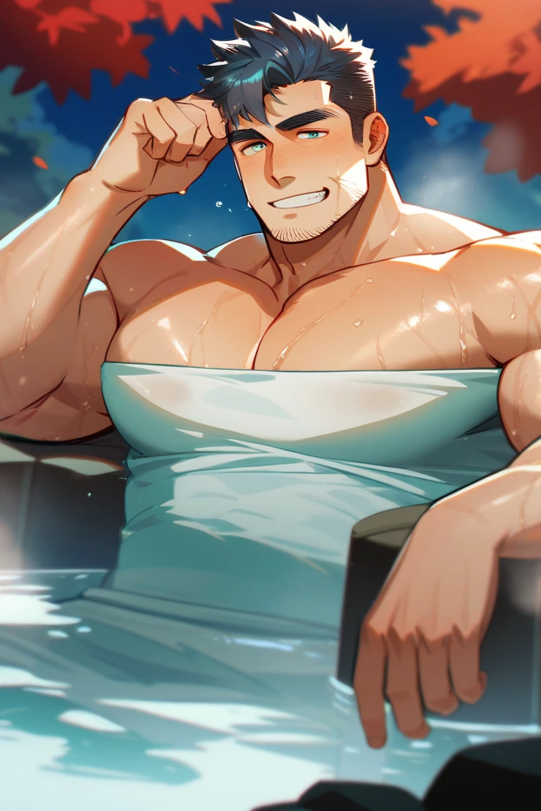 Clear background、A handsome tall Japanese man, He is 28 years old,Thin waist,The pectoral muscles are well developed, He is 175cm tall,Weight 62 kg、Brown eyes、brown hair color、short hair、Shirtless、Wearing a bath towel around the lower body、looking into camera,Smile,In a spacious Japanese hot spring bathhouse,Japanese style painted tiles,Mount Fuji wall painting,Mirror,Barrel,Bath amenities,Soaked all over,water vapour,Japanese style