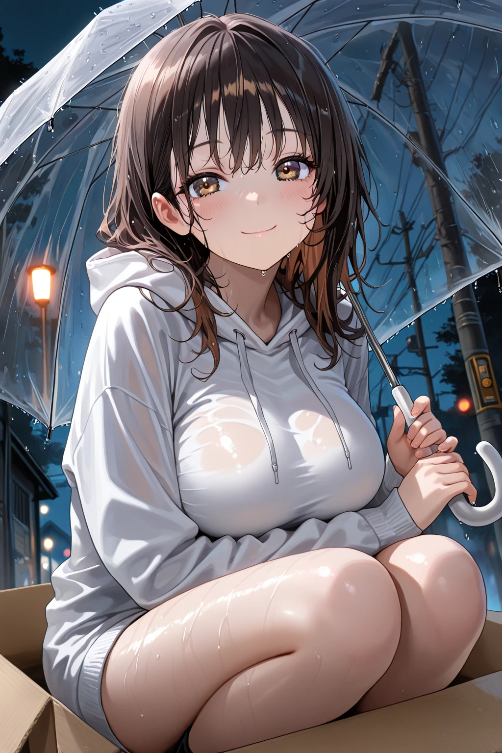 ((masterpiece,Highest quality;1.3,best illustration)),cowboy shot,1woman、25 year old beauty、独奏,((very small head:1.5)),dark brown hair,long hair,bangs,brown eyes,gorgeous eyes,blush,small breasts,((very long body:1.3)),((toned body,slender body,skinny)),gleaming skin,shiny skin,oily skin,(Soaked in the rain、Black zip-up hoodie outer jacket、White tight T-shirt、denim micro shorts)、White sneakers、Black rucksack、sitting,prefab、at night、garden,nsfw,