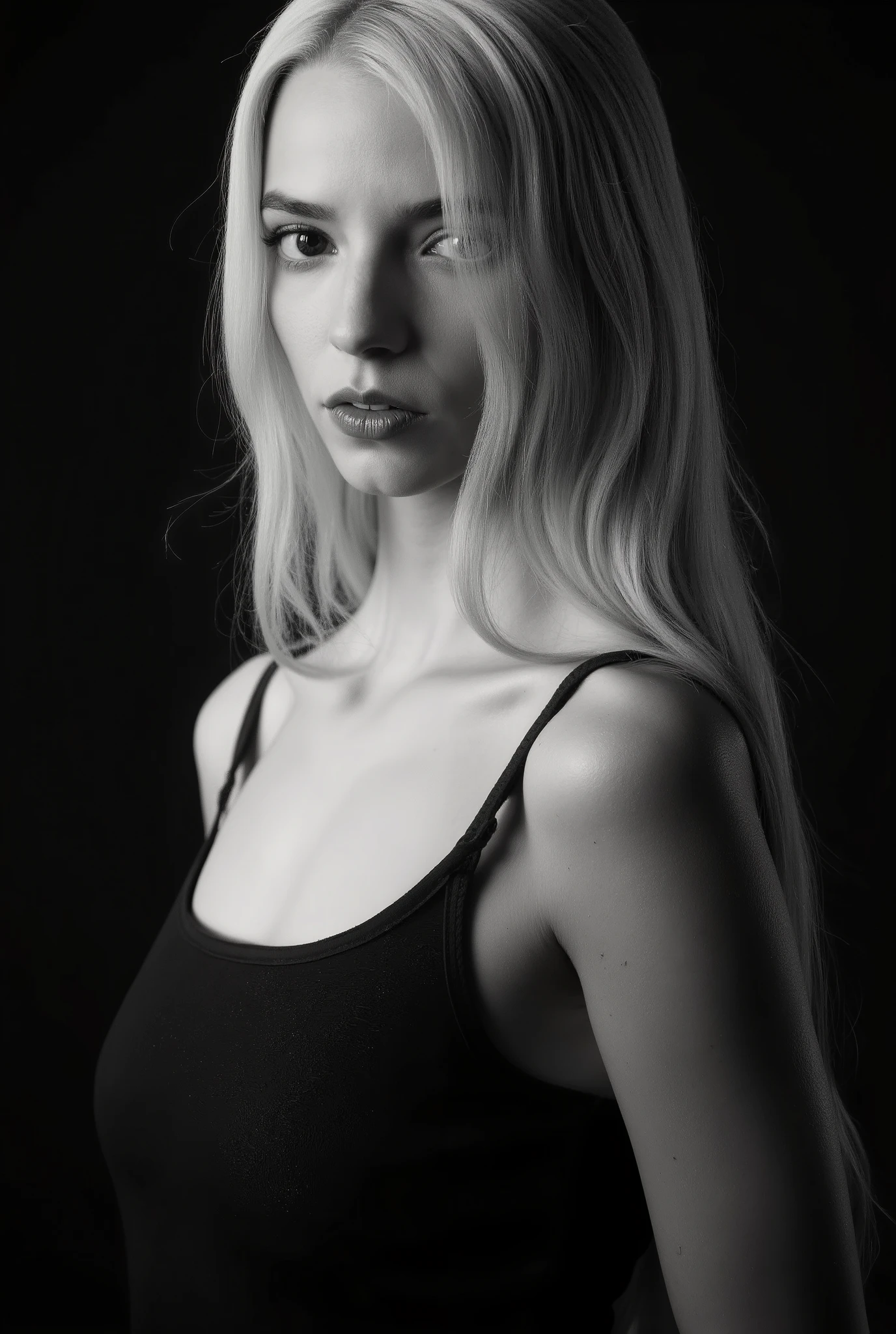 In a monochromatic setting, a girl showcases striking long, blonde hair that flows freely over their shoulders. The hair is characterized by its smooth texture and subtle layers, catching the light in gentle highlights that contrast against a shadowy backdrop. The choice of black attire blends seamlessly with the dim surroundings, enhancing the overall mystery and timelessness of the portrait. The composition focuses on the interplay between light and darkness, emphasizing the graceful lines of the hair and the serene calmness of the scene. Open shoulders and collarbones emphasize the femininity and seductiveness of the girl. She has a charming look and a sensual expression on her face. There are highlights in her dark eyes. close-up portrait, high quality, photorealism, masterpiece, professional photography, classic black-and-white photography, intricate details,