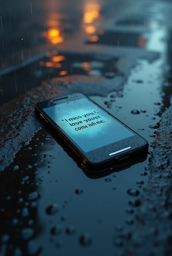 A cell phone lying in a pool of water on the street,  it's raining, drops on the screen, On the screen it says I miss you, I LOVE YOU, Come with me 