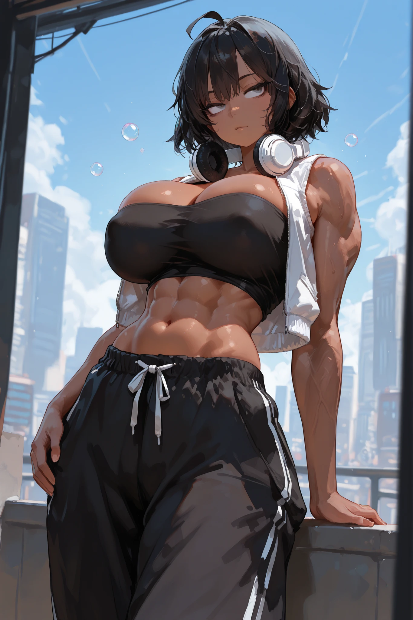 anime,woman_ghost,Detailed face,Abdominal muscles,Thick thighs,Exhausted,Sweaty,Dark Skin,Torn clothes,Huge breasts,hot spring,bus_towel