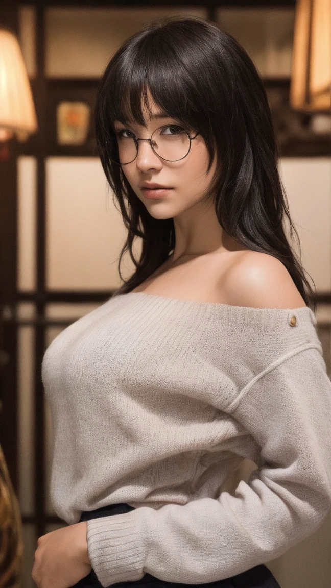 realistic, 1girl, full body, short hair, glowing blue eyes, glasses, yukata, opening the door, hands tied into a back hair, parted lips, big breast, blush, midnight, hyper-detailed, high quality, 8k, photorealistic, professional digital painting, dramatic lighting, vibrant colors, intricate details, serene atmosphere, natural environment, ethereal, dreamy