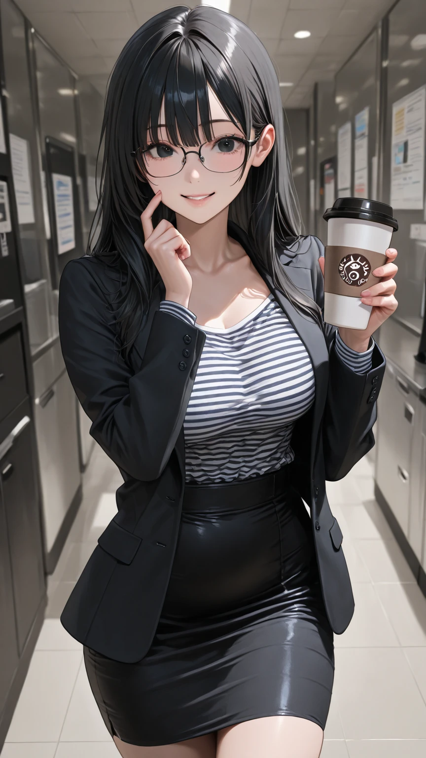 japanes OL 、A dark-haired Longhaire、eye glass、Sleeveless Beige Knitwear、high-waisted Blue pantsuit、Wearing black high heels、Colossal tits、gargantuan butt、Coffee café the morning sun、Wearing Wedding Rings wrist watch、A smile、is standing