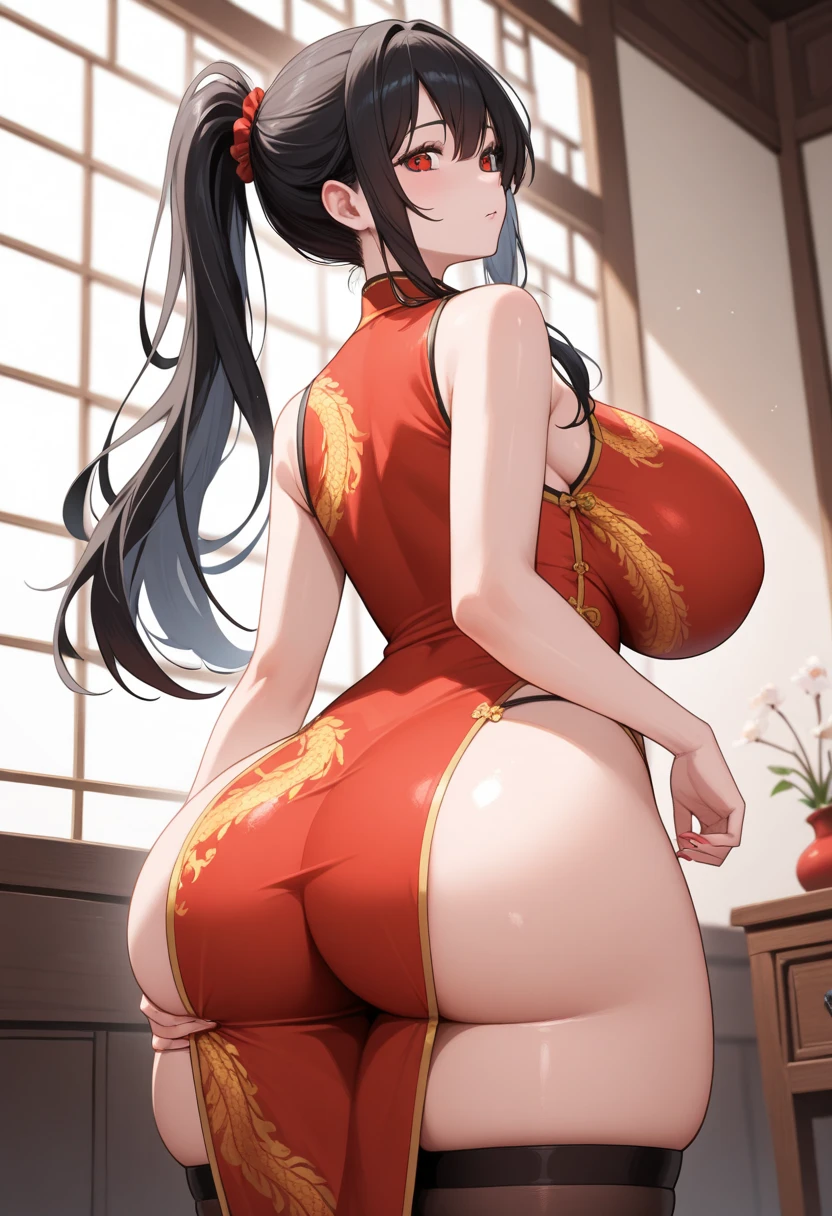 masterpiece, best quality, 1girl, solo, (huge breasts 1.5), (breast implants, fake tits, unaligned breasts, perfectly round breasts), SFW, on all four,ass up, cowboy shot, looking at straight, Long Hair, Detailed eyes,Full Body,TAIHOU \(AZUR LANE\),TAIHOU \(ENRAPTURED COMPANION\) \(AZUR LANE\),RED EYES,TWINTAILS,HAIR BETWEEN EYES,SFW, cowboy shot, Long Hair, Detailed eyes,Full Body,,china dress,red dress,big ass,