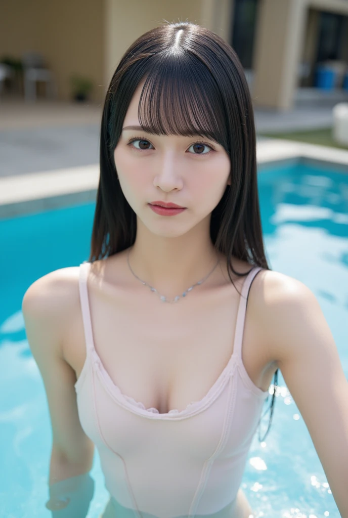 RAW photo, bokeh (realism: 1.4, realistic), high detail CG unified 8K wallpaper, 1girl, (HQ skin: 1.4), 8k uhd, dslr, Front light, high quality, shot by iphone 15 pro max, 21 years old female with long hair,((slim body, skinny, natural big breast, medium shoulder, beautiful legs)),(((height:170cm))), ((detailed micro bikini, black short skirt,cleavage)), (looking at viewer), (((there is a woman sitting on the ground next to a pool))), (((aerial shot))), (((Full Body:1.4))), (((beautiful thigh))), crossed arms