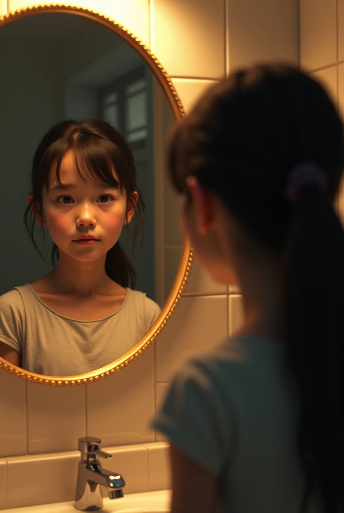 A sad and fat girl looking at her body in mirror