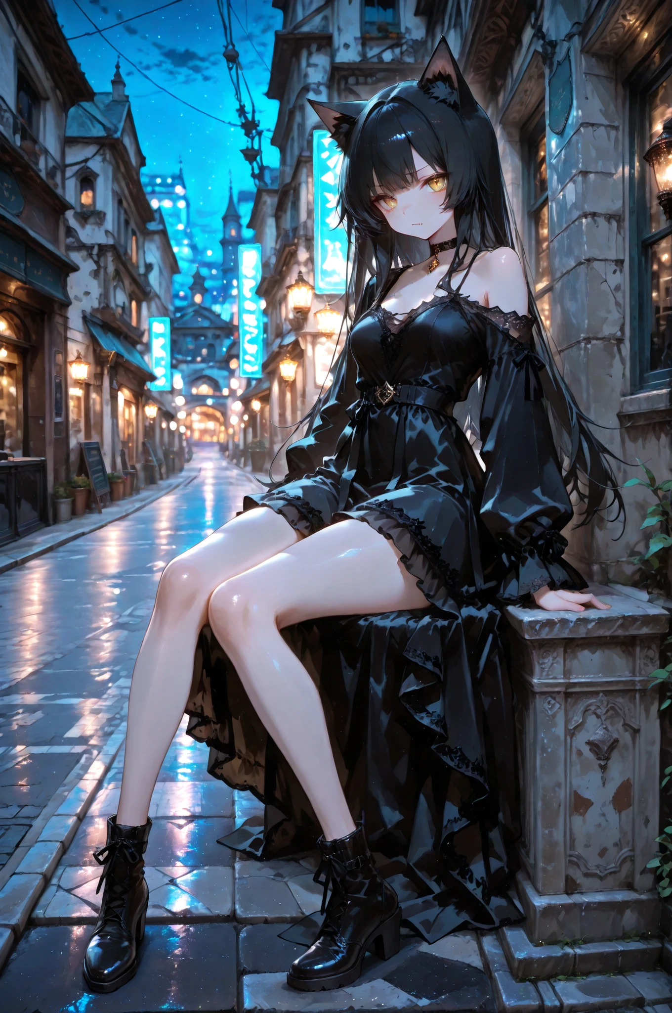 1girl ,,animal ears ,bare shoulder ,black dress ,black hair ,blurry ,blurry background ,breasts ,cat ears ,cat girl ,closed mouth ,choker ,dress ,fang ,full body ,long hair ,looking at viewer ,night ,small breasts ,sitting ,street Corner ,town ,yellow eyes ,masterpiece, best quality, ultra detailed ,