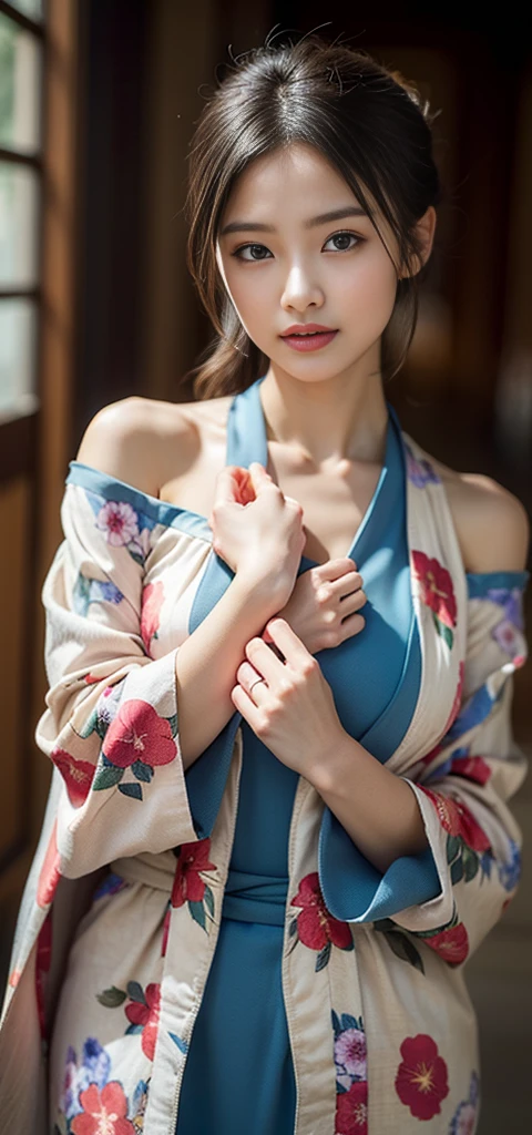 Model actress、One Woman、cool、Japanese and half European、Close-up of face、30 generation beauty、Realistic Skin、yukata