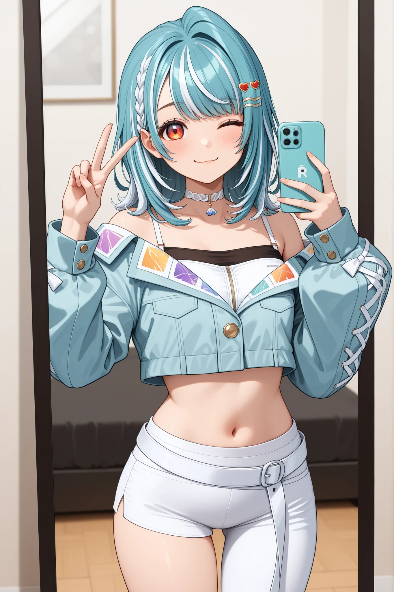 nsfw, shiranami ramune,
ramune original, medium hair, braid, hair ornament, cropped jacket, blue jacket, long sleeves, off shoulder, choker, crop top, single pantsleg, white pants, white belt,upper body,smile,one eye closed, peace gesture,dance studio,looking at viewer,holding smart phone,mirror selfie,high quality,high detailed,masterpiece