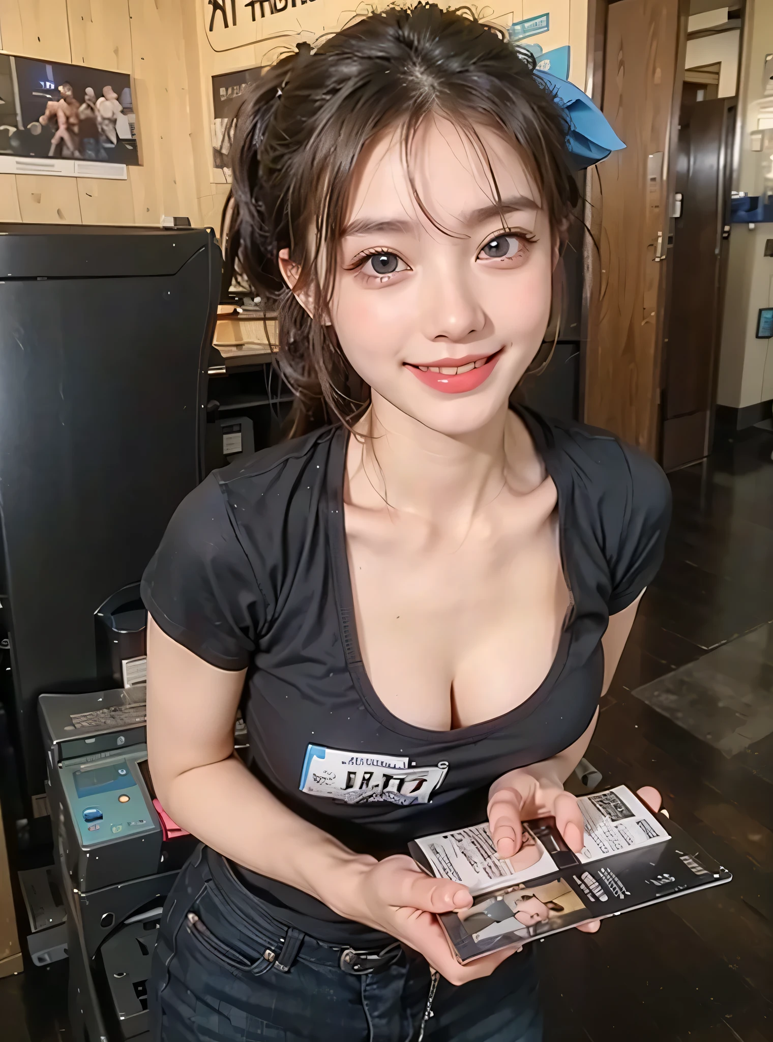 Highest quality, shape, Very detailed, finely, High resolution, 8k wallpaper, mini skirt,Sure .Holding a sign that says LABO,whole body ,Beautiful and beautiful eyes,one piece, Blonde,Sexy look,Natural color lip, Random sexy poses,smile,Beautiful teeth,20-year-old girl,Random background