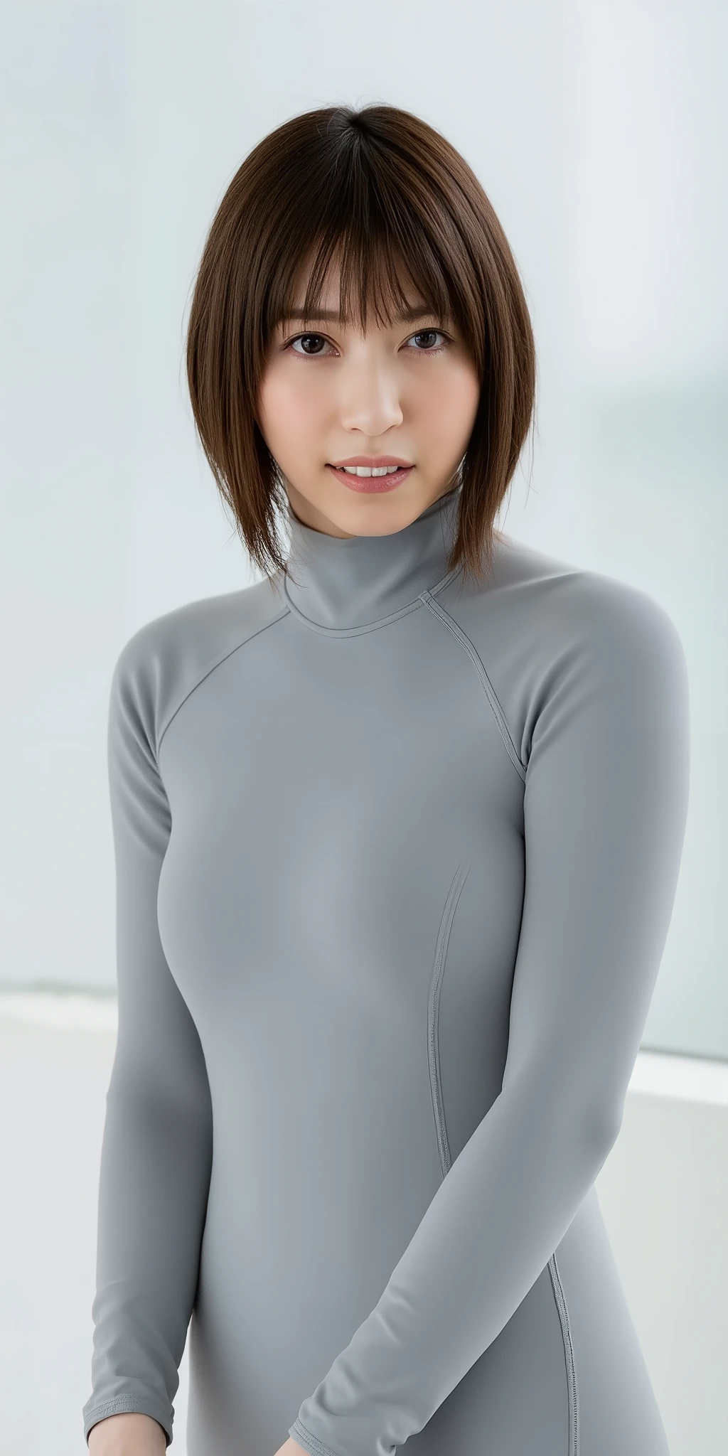 best quality, masterpiece, pretty Japanese mature woman named rio hikarunagi nanase, a photo of Kotone, wearing light gray wetsuit, long sleeves, long pants, small breast, flat chest, serious expression, looking at viewer, cowboy shot