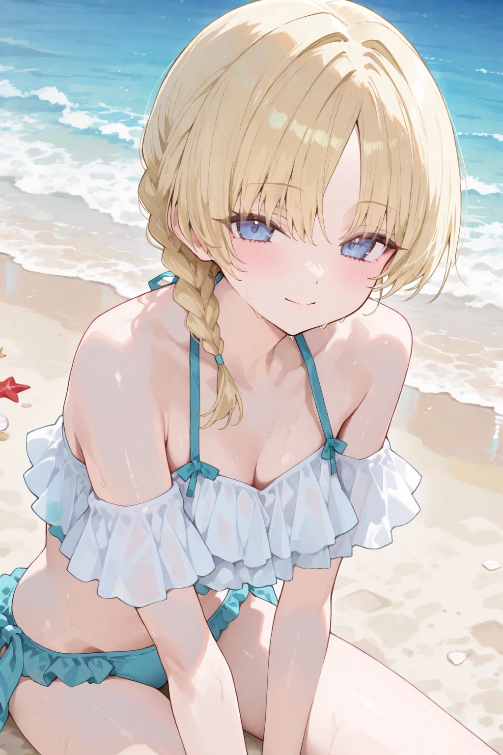Cute Swimsuit,Random Swimsuit,Blushing、blondes、ponytail、pale blue eyes、Head to toe full body、Blushing、Embarrassed look、Composition from the front、A view from slightly below、school swimwear、Acme Face、Random pose、, 、nsfw、Highest quality、1 girl、solo、Ocean、Sandy Beach、Sexy pose、Random pose、Blushing、wet、Embarrassed、I can see half of my 、、One piece swimsuit、(Strap slip:1.3)、