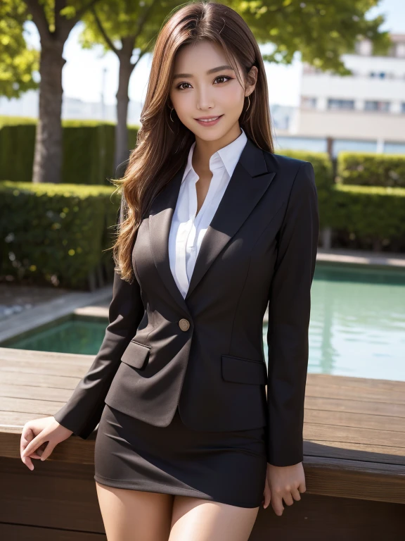 Tabletop, Highest quality, Realistic, Very detailed, finely, High resolution, 8k wallpaper, One beautiful woman,, Light brown messy hair, Wear a business suit, Short skirt、Sharp focus, Perfect dynamic composition, finelyて美しい目, Thin Hair, Detailed and Realistic skin texture, smile, Model body type、Beautiful feet、Standing by the lake、