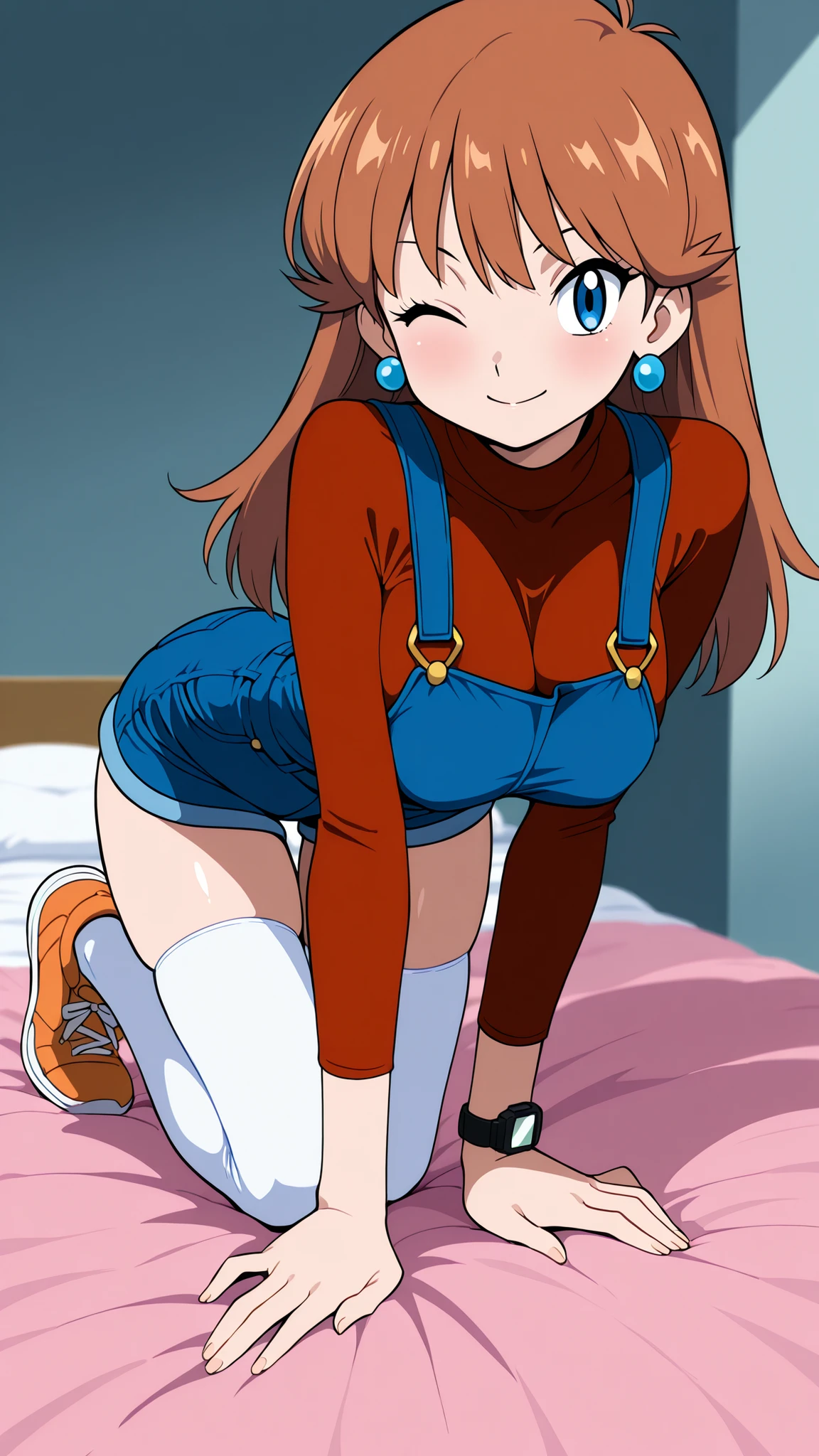 adult older sister, Tall, big boobs, slim sexy body that can be licked by mobs, stand on all fours, orange sneakers with hee-cups, bare hands, red long sleeve knitted shirt, blue overalls denim overalls, white knee-high stockings, Absolute region, thighs, Beautiful legs, Beautiful legs, Three idiot hairs , with bangs, ((top quality)), ((masterpiece)), ((details)), 1girl, two legs, two arms, orange brown hair color, long hair, blue eyes, anime coloring book, 1 woman, Age 18, sexy smile, Seductive Smiles, wink, Close one eye, Blushing, Watch Viewers, blue earrings, Full Body, Bedroom, bed, (\Pokémon\), score_9, score_8_excellent, score_7_excellent, score_6_excellent, Source_anime, Cell Shading, flat color, vector,