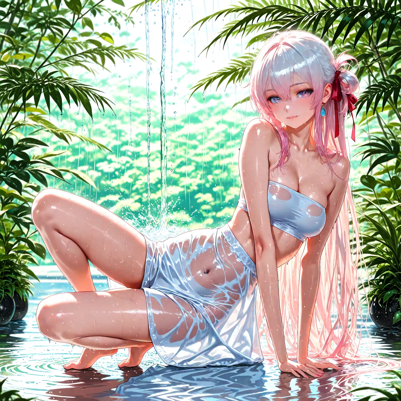 Exquisite slender girl 16 years old (with a perfect, very beautiful face and almond-shaped eyes) (with a southern skin tone and soft lips) with tender ((Small) (((naked)) breasts) (with the little ones (tender pink bare nipples))) ((nude)) (barefoot) ((in a humid greenhouse with a lot of plants and flowers)) ((with open doors and large windows)) ((on another planet)) ((with electronic bracelets on the arm and ankle)) ((с naked маленькой breasts и стройной талией)); (((steam and warm water), Streams of water, nudity, languor, plants and fruits everywhere, many leaves and branches)); ((precious (decorations on the chest and wrists and ankles))); ((dawn morning summer gentle golden light)), ((pastel soft warm shades)); (warm (summer) early morning), ((dawn soft warm light)); (draw ((in watercolor style))); ((very beautiful exquisite face)); (high image quality, high detail), (discreet faded shades, pale expressionless colors, imitation of film photography, (dim lighting)); ((big alien eyes), skinny); ((delicate mint shades, peach and mint shades)), (sfumato)