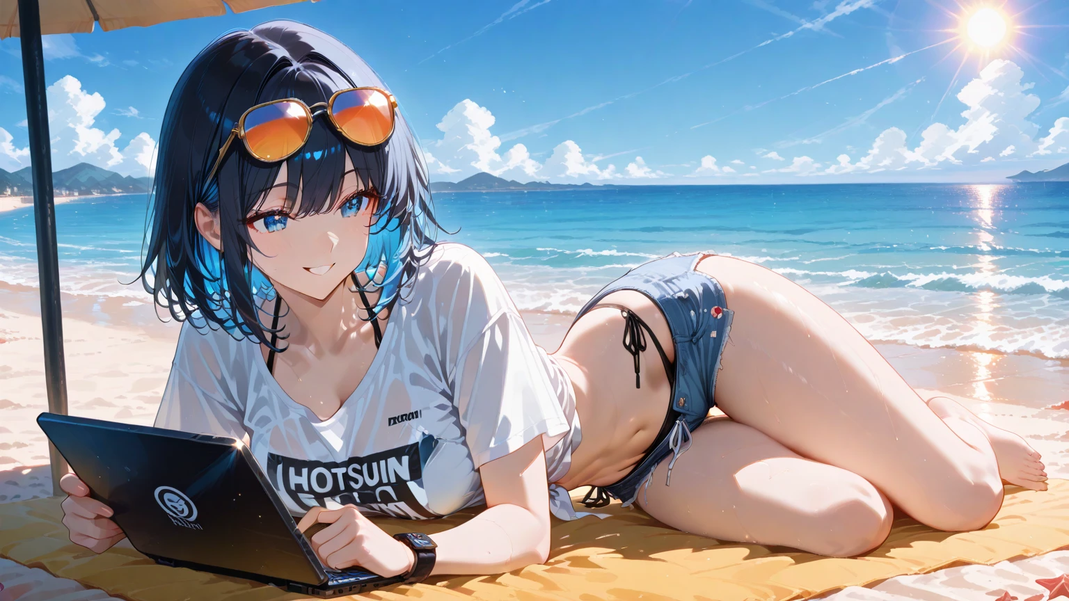 (shaded face:1.2), hollow eyes, green eyes, looking at viewer, heavy breathing, embarrassed, clenched teeth, blush face, lips, black hair, short hair, multicolored hair, huge breasts, ropped hoodie, black bikini, long sleeves, a woman sitting on the ground with her legs crossed, a picture, inspired by Chen Yifei, trending on cg society, tight and cool shoes, avatar image, tifa, qichao wang, fog,