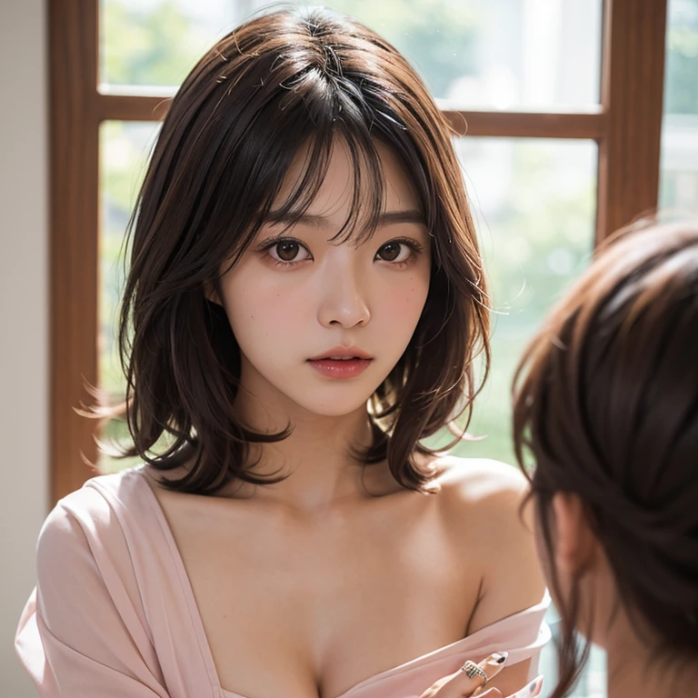 ((Best quality, 8k, Masterpiece: 1.3, raw photo)), Sharp focus: 1.2, (1 AESPA girl: 1.1), (realistic, photo-realistic:1.37), face focus, cute face, small breasts, flat chest, brunette short messy hair, standing, white clothes, business skirt, train station, terminal, stairs, sunlight, cinematic lighting, from below