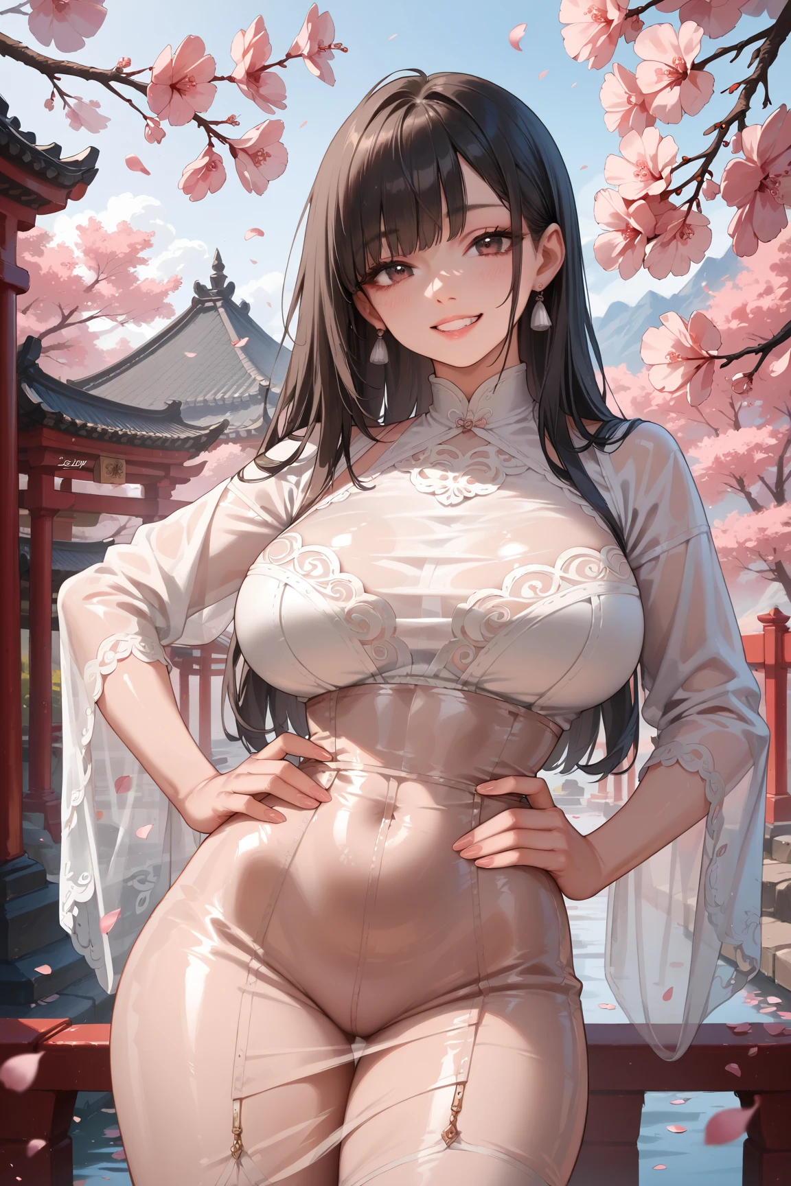 (masterpiece:1.5), (((top quality, best quality, high quality))), ((intricately detailed, ultra-detailed, insanely detailed)), highres, 32K, extremely detailed unity CG 8K wallpaper, (beautiful and aesthetic:1.2),, (depth of field:1.3), (immaculate:1.3), (delicate detailed depiction:1.4), (photorealistic:1.4), (surrealism:1.3),
((brilliant full lighting, luscious colors)),   (illustration of an otherworldly beautiful woman:1.3),
(upper body:1.4), (perfectly centered:1.4), (natural willowy posture:1.5), (((dynamic pose, cinematic angle))),
(1girl:1.5), (mature female:1.4), (exotic dancer:1.5),
beautiful gorgeous face, [(detailed face:1.2):0.2], bright eyes, pureerosface_v1, ulzzang-6500-v1.1,  (closed mouth:1.5), (red lips:1.4), (puffy thick full lips:1.4), (light smile:1.3),
attractive flawless body, (((pronounced feminine curves))), bright glistening skin, realistic skin, skin pores, (voluptuous:1.5), (((toned belly,  navel, groin:1.3))), narrow waist,
(Chinese dress:1.5), (tailored cheongsam:1.5), (ornate glittering criss-cross halter:1.5), (ornate pelvic curtain:1.5), (((fluttering golden fabricated threads))), (fringed tassels:1.3), (long sleeves:1.4), (detached collar), (fabrication glitters:1.5), (luxury intricate clothing jewelries:1.5), (jeweled embroideries:1.4), (clothing sparkles:1.4), (sparkling particles:1.3), (stilettos:1.5), (((sagging front seam, sagging hind seam))), (((earrings, armlets, hair ornaments))),
(standing alone in front of a huge Chinese wooden courthouse:1.5), (cherry blossoms and chrysanthemum front garden:1.5), (surreal delicate background:1.5), (intricate complex scene:1.5), (magnificent landscape:1.5), (brilliant volumetric background lighting:1.5),<lora:detail_slider_v4:1.8>,