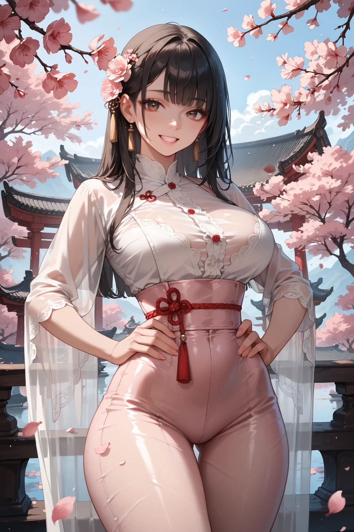 masterpiece、1 female student、(((Missing arm,Bare arms,Towel wrap)))White cloth bun、Shoulder leakage、chubby、Smile、(((Lace、red yoga pants)))pale pink lips、posing at school,(Soaked),legs are open, 独奏, looking at the audience, (Thick thighs:1.0),Red eyes, Blushed,blunt hair,flower headdress,lawn,hands on hips,creek,black hair,Smile with teeth showing,short hair,garden,(((Side milk is visible,))),(((Chest visible from the side,Big breasts,Showing side chest,Exposed side chest))),clear and bright eyes,((((stand at attention,From the front)))),((View from below,((Bun cunt,Pussy crack)),sit down))