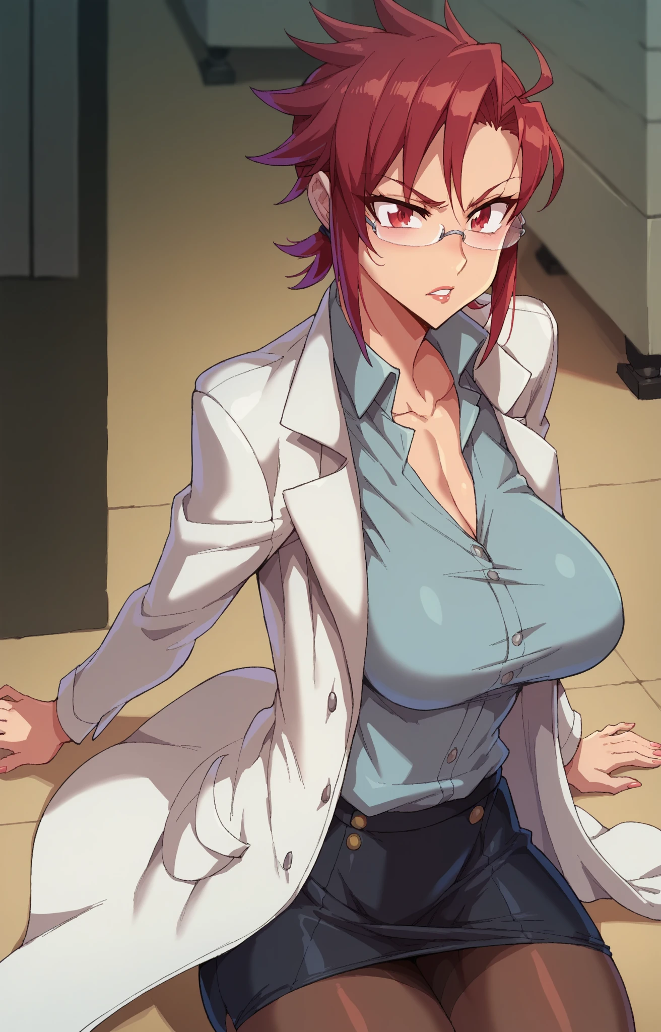 (high quality:1.2), detailed, shadows, cinematic lighting, digital art,
(YukikoMisuzu:1.1), 1girl, solo, mature female, standing on one leg, against wall, cowboy shot, from side,
looking at viewer, blush, seductive smile,
green hair, purple eyes,
teacher, (labcoat:1.1), turtleneck sweater, pencil skirt, thighhighs, zettai ryouiki, high heels,
huge breasts, covered nipples, curvy, thighs,
outdoors, park, tree,
<lora:YukikoMisuzu:0.9>