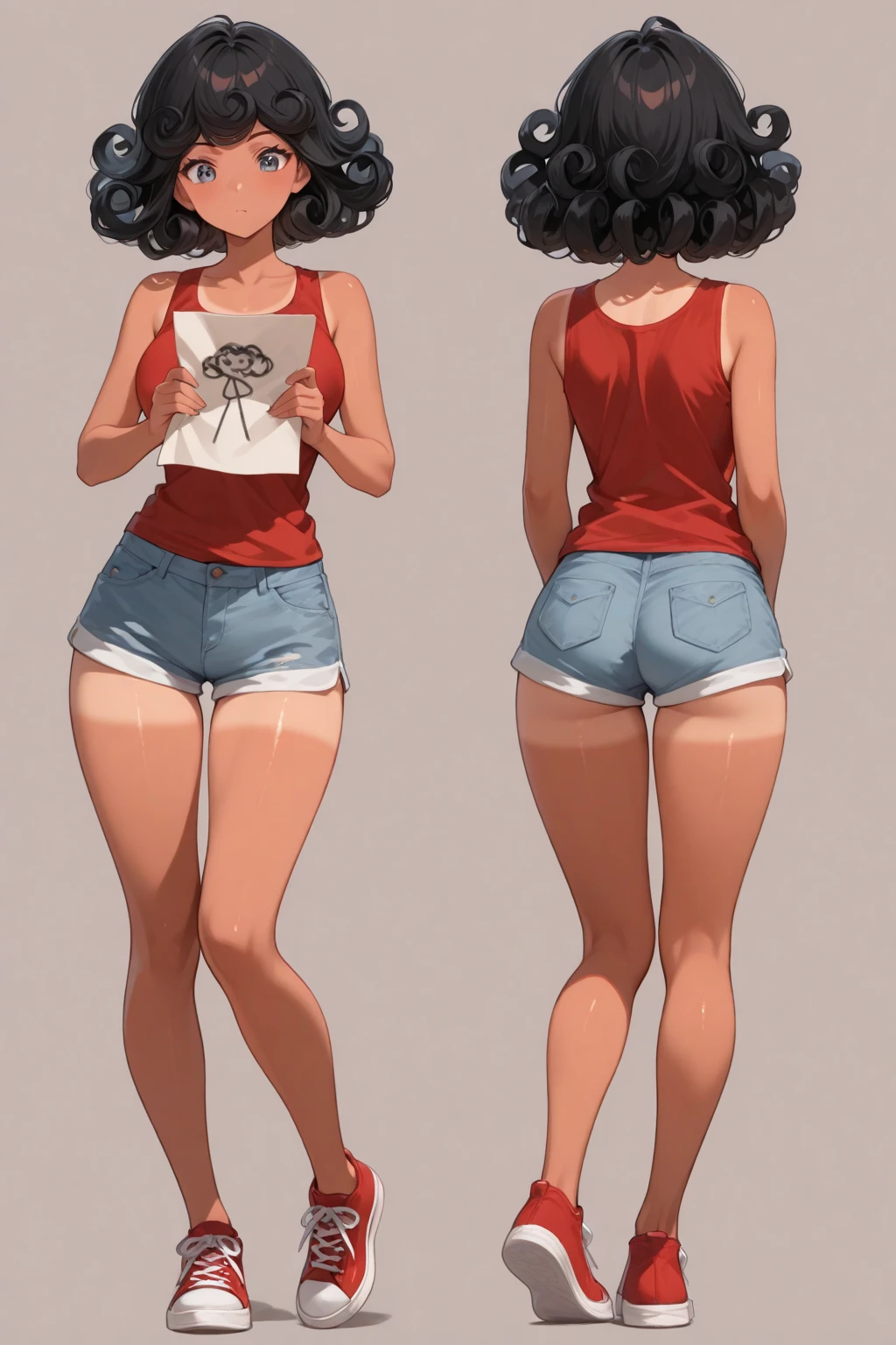 A short girl in short shorts and a short t-shirt with long hair standing in front of a mirror 