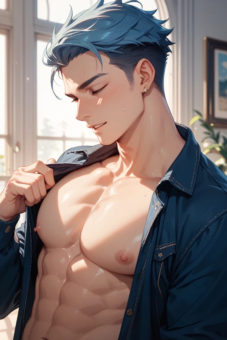 1boy, extreme realistic very handsome young boy, having very realistic well defined body shape features and well defined abs and packs, wearing transparent white shirt, male_focus, muscular, muscular_male, solo, bara, pectorals, pants, short_hair, navel, large_pectorals, abs, nipples, sitting, jacket, white_pants, open_clothes, window, indoors, looking_at_viewer, open_jacket, parted_lips, brown_hair, black_hair, bare_pectorals, bangs