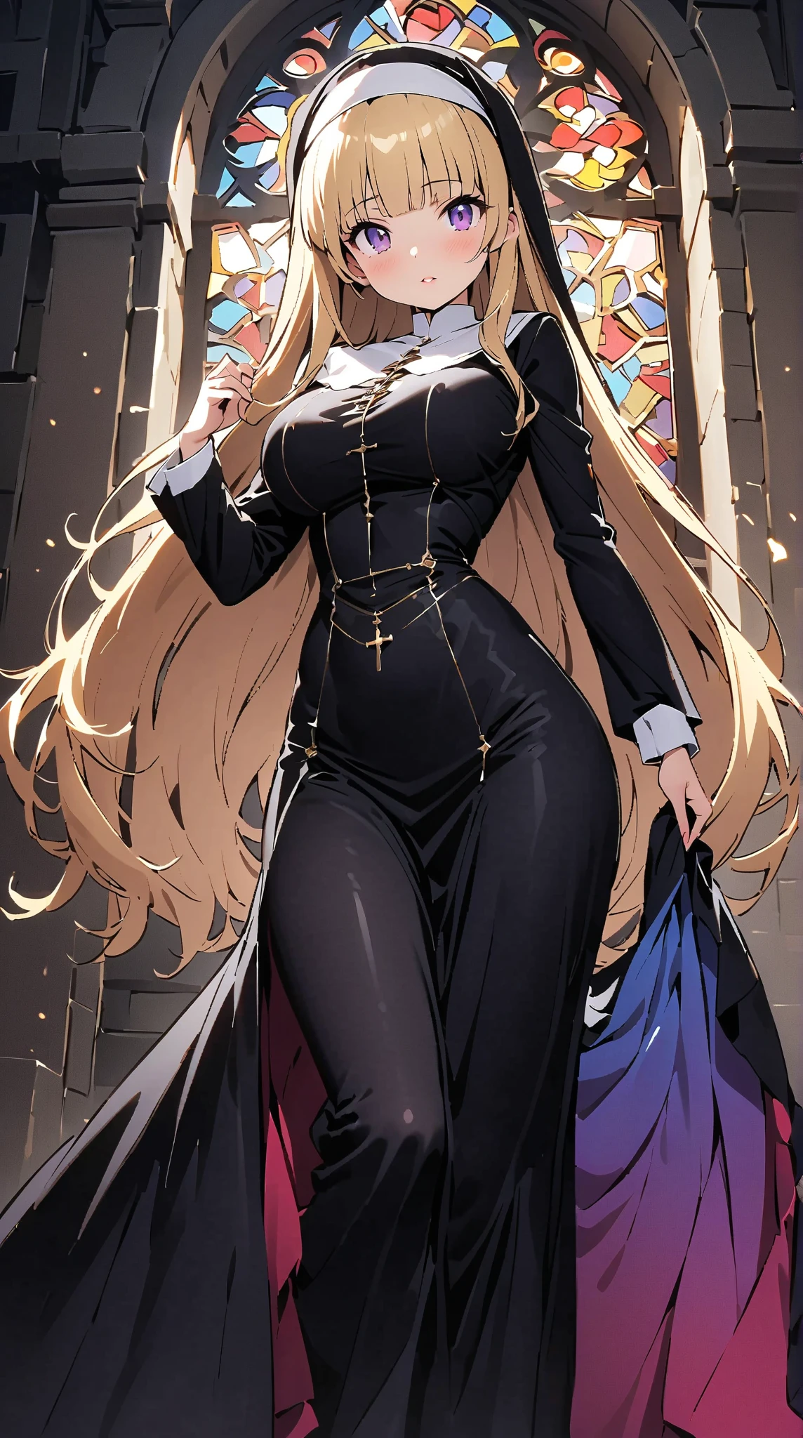 (Ultra high resolution, 8K RAW photo, photo realistic, thin outline), (cinematic lighting, textile shading), (nun hijab with gold accessories:1.3, gold cross ornaments), (huge breast, sagging breast, big tits, breast cleavage), 1girl, ((mature woman, milf:1.2)), 20 years old, (breast curtain:1.3, long tight skirts with side slit), matured Saint praying in front of altar in church, hands on together in front of your chest, kneeling, full bodyesbian, wearing religious uniform, blush, in heat, shamed, looking at viewers, blonde hair, at night, Clothes that show the lines of the body, (dynamic angle, from center below), spiritual,