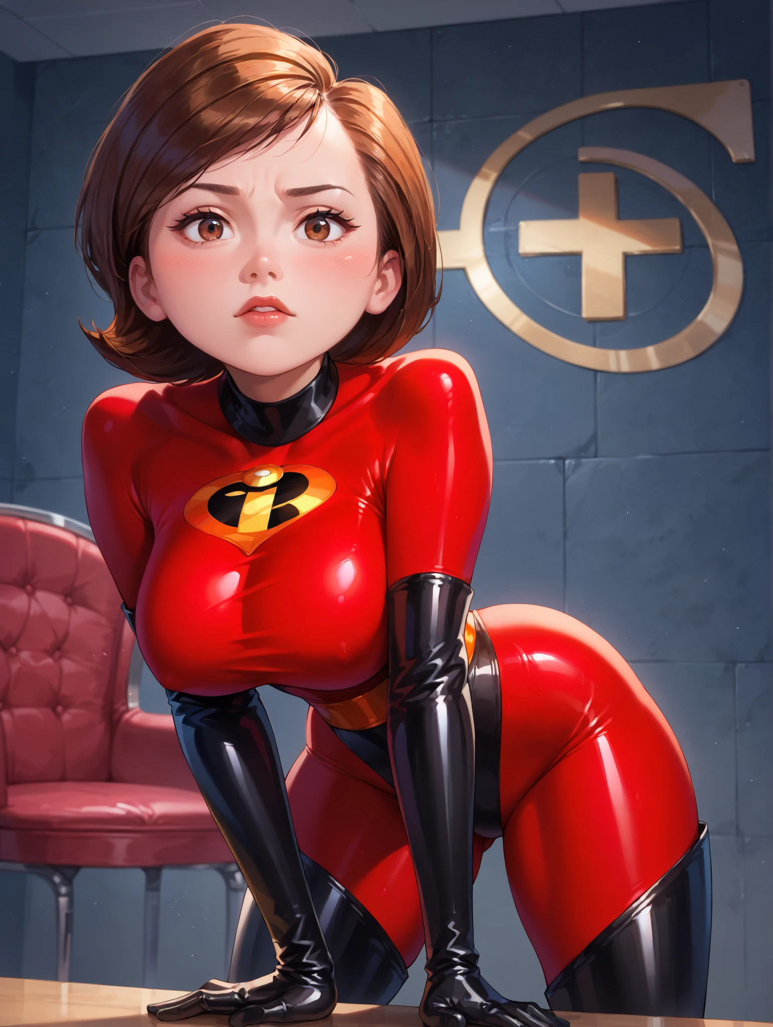 masterpiece, top quality, ultra high resolution, 8k, Helen Parr/Elastigirl (Movie The Incredibles 2), full body, thin, very detailed face, identical face, detailed eyes, mischievous smile, cheerful manner, wide hips, thick thighs, plump thighs, smooth and soft pellet, on all fours in bed