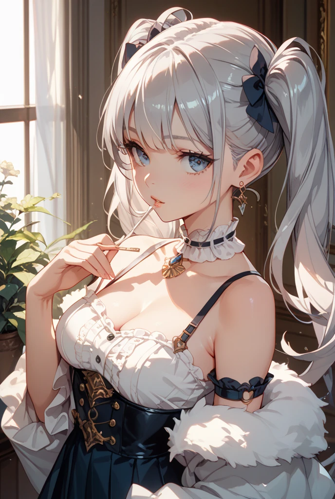 ((Highest quality)),(Ultra-high resolution),(Very detailed),(Detailed Description),((The best CG)),(A masterpiece),Ultra-detailed art,Amazing painting art,(Art with precise detail:1.5), ((Slip dress:1.3)),(Side boob:1.4),(Backless:1.4)