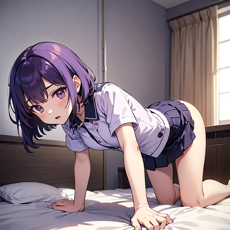 ((ass grab))nsfw,One Woman、((1man and 1woman,having sex)),cowgirl position,on bed,(back shot:1.2)、((Small Breasts)),Highest quality、Very delicate and beautiful、((Very short bangs))、((Bangs))、Light shiny brown hair、The hair is light、((Short Bob))、Cute face、Young face、Cute like an idol、Yellow Eyes、Are thin、Slim figure、Short、 body type、The background is my living room、Embarrassed face、Red face、Shooting from behind、back、