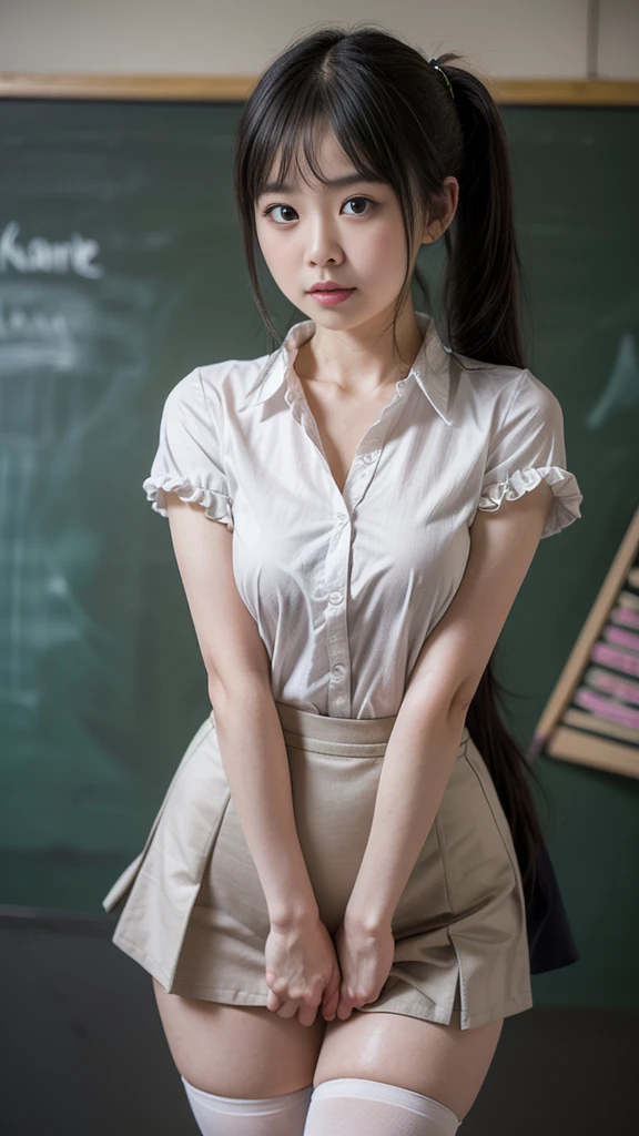 Raw photo, 8K, Highest Quality, 超A high resolution, beautiful faces detailed, Real Human Skin, A look of embarrassment, Front view, Angle from below, Realistic, Realistic, Cute, Short skirt, ‎Classroom, Cute Schoolgirl, Japanese  Schoolgirl Uniform, wearing japanese school uniform, Surreal High School Girl, Full body, Braids、(nffsw:1.5)、(white  shirt,Blake Black Bra)、valley