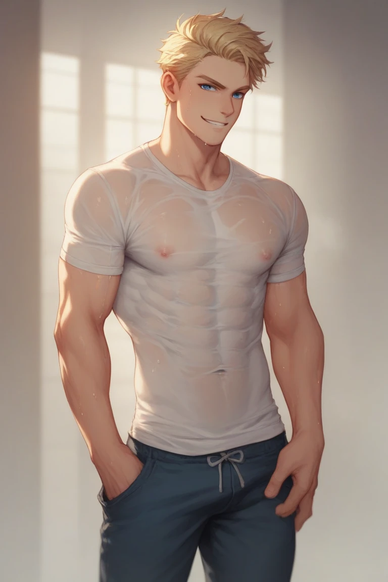 best quality, masterpiece, scrawny and tall 18 year old boy, freckles, messy light brown hair, big glasses, embarrassed, pulls down baggy loose grey sweatpants, exposes white string jockstrap, topless, in simple bedroom, big bulge, sexy, gay, homoerotic, perfection, no watermark, no logo, no signature