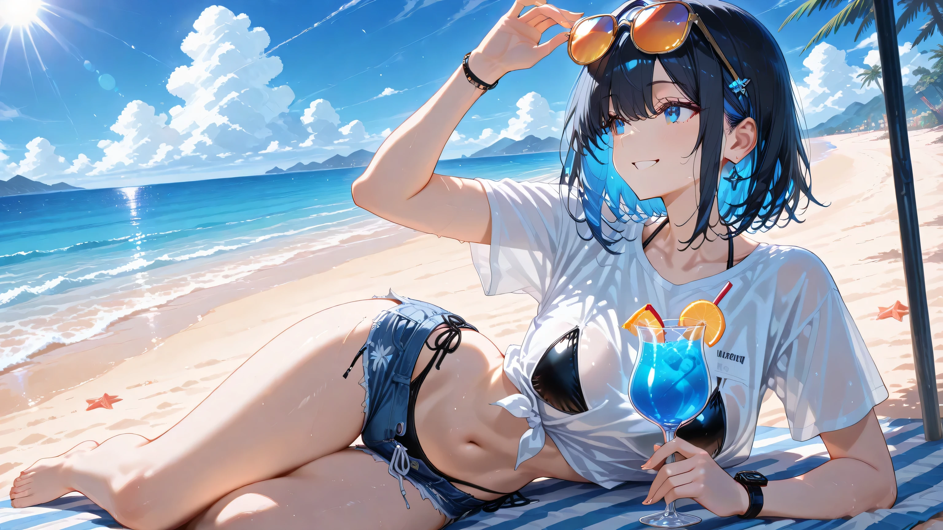 masterpiece, one girl, black medium hair, short cut, blue inner hair, asian, blue eyes, at the beach, wearing black bikini, wearing white t shirt and hot pants over bikini, wearing sun glasses, playing, smiling, happiness, joy