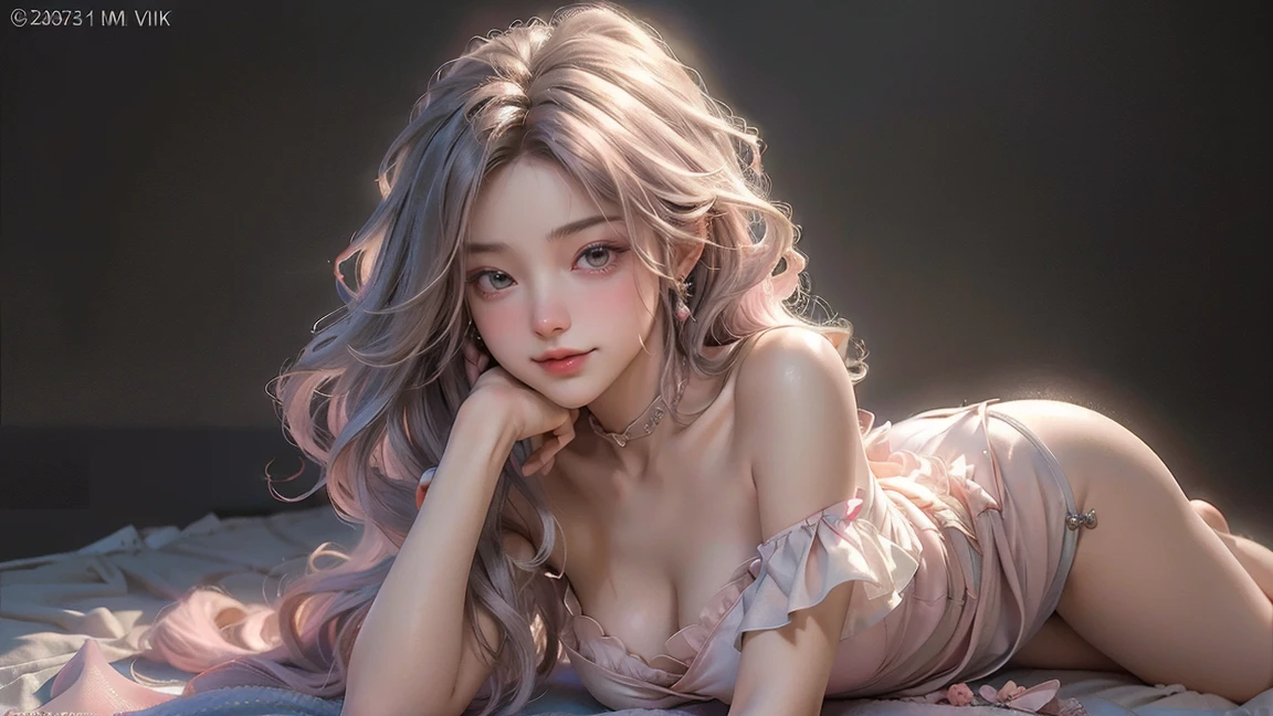 （((On the bed、Woman sleeping face down))）、((Backward view))、（The back is visible）、（Sleeping on your stomach）1 Girl, Silver Hair, Striped Hair, bangs, Dull bangs, Long Hair, Pink Hair, Aqua Eye, Long eyelashes, Purple eyes, compensate, smile, Part your lips, Realism, Verism, SurRealism, Depth of written boundary, First Person View, debt/1.8, 135mm, Canon, Debtdebt, retina, Tabletop, Accurate, Anatomically correct, Textured skin, Super detailed, Attention to detail, high quality, 最high quality, High resolution, 1080P, Hard disk, 4K, 8K、（Coarse short sweater）debtloats off the shoulders、off shoulder body angle））、（Stick your butt out）((Sexy pose))、(Camel Toe),((Without skirt))、(Camel Toe),（ tongue、Vaginal orchid）、Glowing Skin。Realistic、Photorealistic:1.37)、(K-Pop Idols)、Medium Hair、(Pink blush)、(Enlighten)、(独奏)、Dynamic Pose (Thin legs)、erotic、Debtdebt、Highly detailed ambient occlusion、超High resolution,