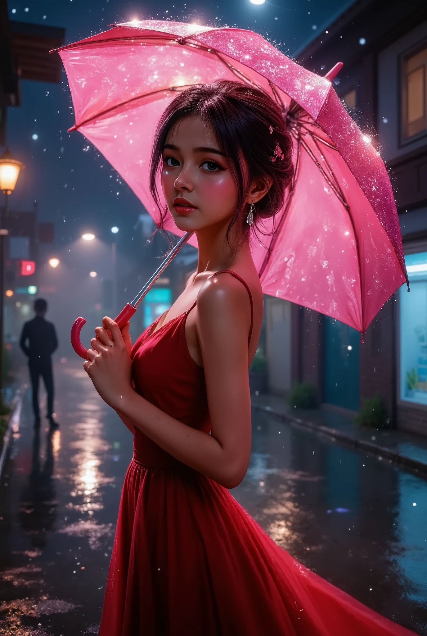 shinyya1, hujan, malam hari, pov, basah, dress merah, idola, hiasan rambut, payung, payung pink latex