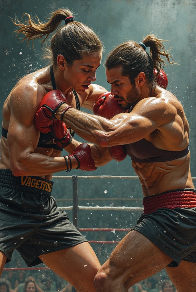 A very tall Boxer woman fights with a weak man