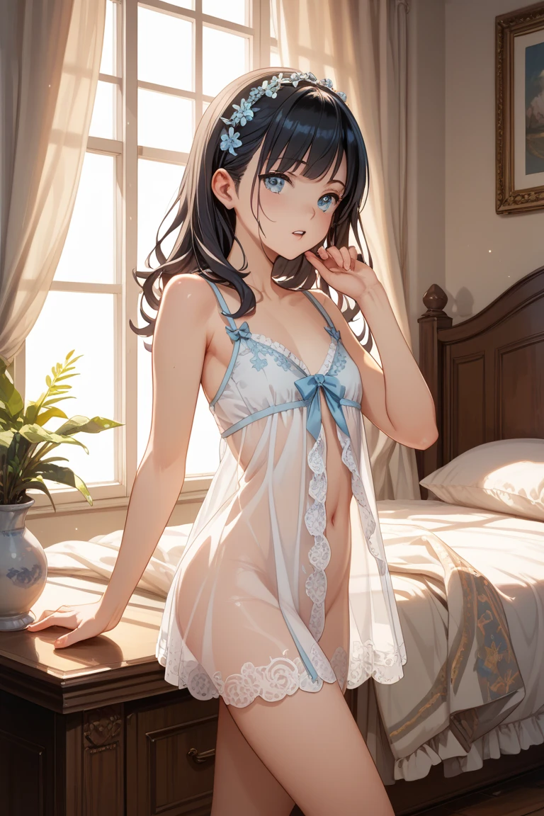 ((masterpiece)), ((best quality)), ((ultra detailed)), ((kawaii)), cute, (lovely), ((extremely detailed)), ((8K)), (beautiful), full body, luxury room, a cute girl, 1girl, solo, blue mini camisole dress,beautiful light brown hair, ((detailed beautiful brown eyes)), white-skinned, long hair, flat breast, tiny breast, garter belt,standing,(nfsw:1.4)