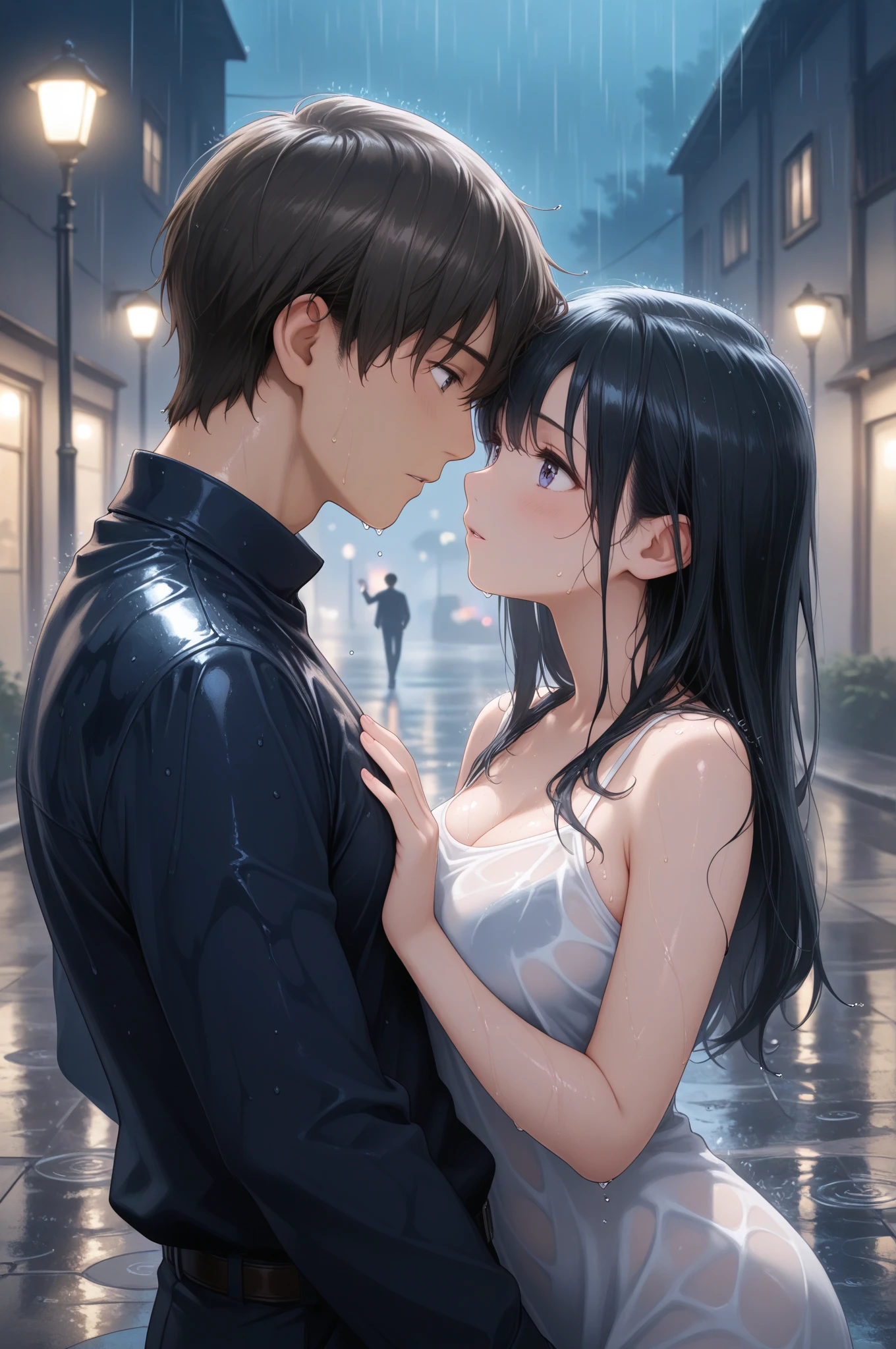 young boy and sexy 여성 kissing and making out passionately in 폐허, deserted city, Rain, darkness, sexy, Hot, sweat, vigorous, clothes are torn, breast exposure, big bust, 9 months pregnant, have sex,