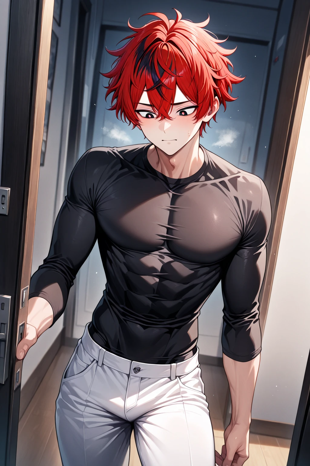 ((The finer details)), Best Shadow,Cinema Lighting,Highest quality,((Very detailed))　masterpiece　the body is slim　Embarrassing　Red hair　Electricity began　get wet　Big eyes　The suit was torn　Upper body naked　sweating　Delicate body　High saturation　youth　Ryona　torture　High chance of losing　Skin is visible in places　shout　View from below　Overall image　The light hits my skin and I fall down　Lying　T-bag pants　Rear view kneeling　Are thin