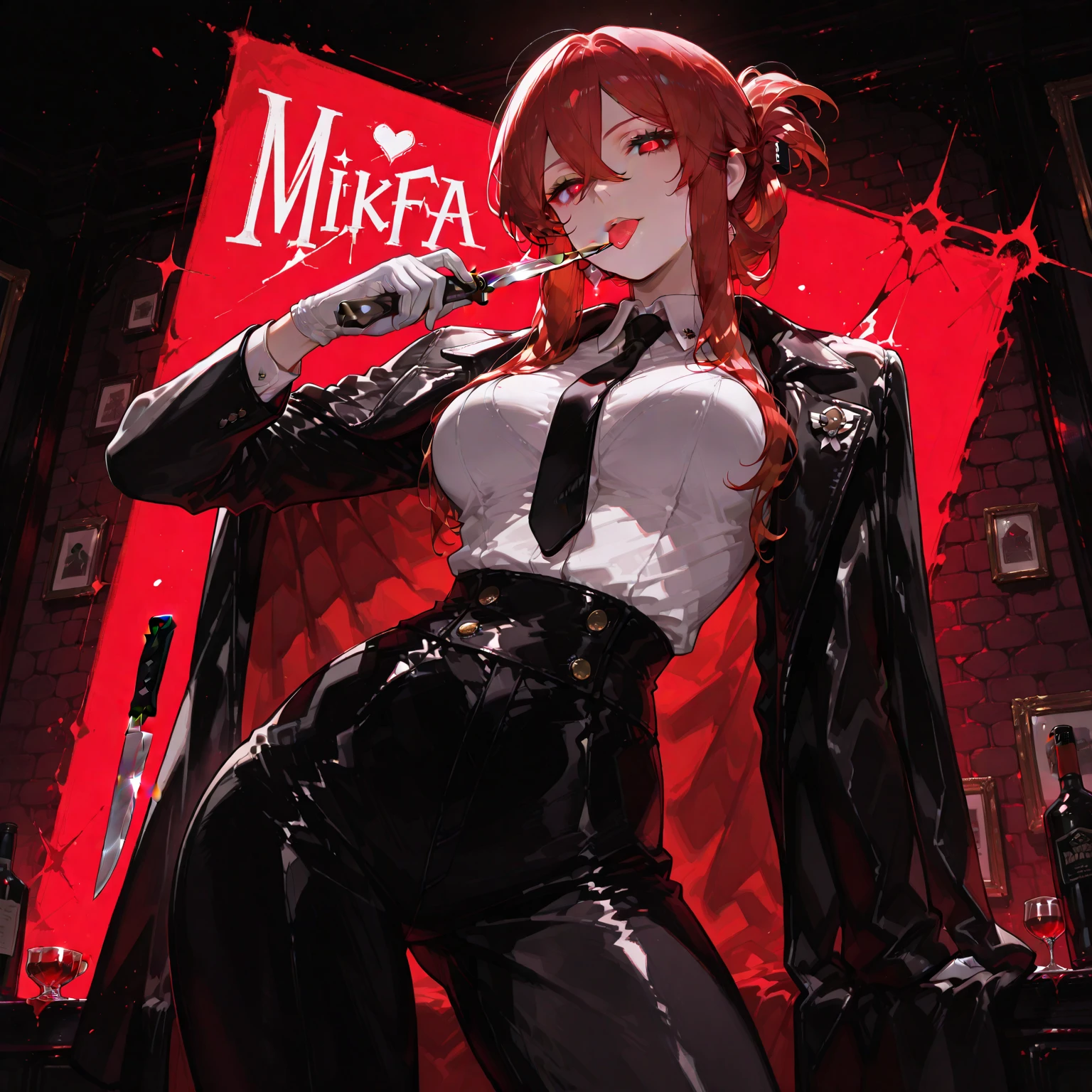 (magazine cover:1.5),Nier Automata, Final Fantasy 7 Remake, Final Fantasy XVI , A woman like Tifa or 2B , aesthetic , beautiful , highly detailed , original work , master piece , extreme details , classy , formal , sitting , legs crossed , holding a drink , upper class bar