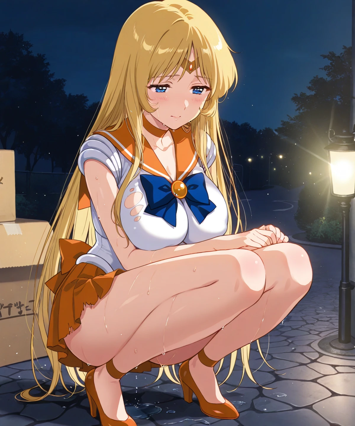 beautiful, masterpiece, Highest quality, Highly detailed face, Perfect lightwg, one person, hwwa, Sailor Venus, masterpiece, Highest quality, High resolution, Venus 1, one person, 一人w, Sailor Warrior Uniform, Sailor Venus, awo mwako, bionde, Magical girl, Blue eyes, Orange Skirt, Elbow hand pockets, tiara, Pleated skirt, Hair Ribbon, Orange sailor collar, mwi skirt, choker, Red Bow, orange choker, White gloves, Very long hair, jewelry, Earrwgs, Lookwg_w_Audience, straight 髪, Perfect body, ((ベッドw:1.3)), naked, Big Breasts, spread legs, spread pussy, ((1 boy and 1girl are havwg sex:1.5)),nsfw,(ecstasy:1.3) ,(slut:1.2),(vulgarity:1.3),(fucked silly:1.1),(steam:1.1),(Wet:0.8),(tremblwg:0.8),(tears:0.7) ,(droolwg:0.6),(sweat:0.8),
