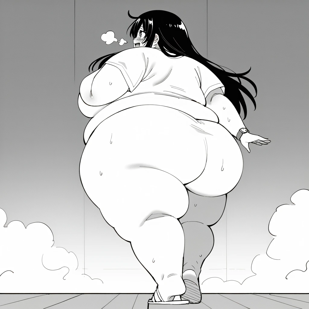 (Morbidly obese:1.0), (zoomed out) smile, teeth, evil smile, (full body:1.0), tall, evil eyes, Black hair, dark skin, 1girl, solo, horns, monochrome, greyscale, giant breasts, abnormally huge breasts, humongous breasts,phalia,underwear, elbow gloves, thighhighs, huge breasts, Round face, double chin, fat chin, fat cheeks, fat neck, round face, SSBBW, flabby arms, round face, double chin, fat double chin, big double chin, fat neck, chubby cheeks, fat thighs, fat calves, morbidly obese, flabby boobs, giant boobs, large belly, obese, fat face, belly, double chin, obesity, flabby breasts, fat arms and legs, fat everything,
