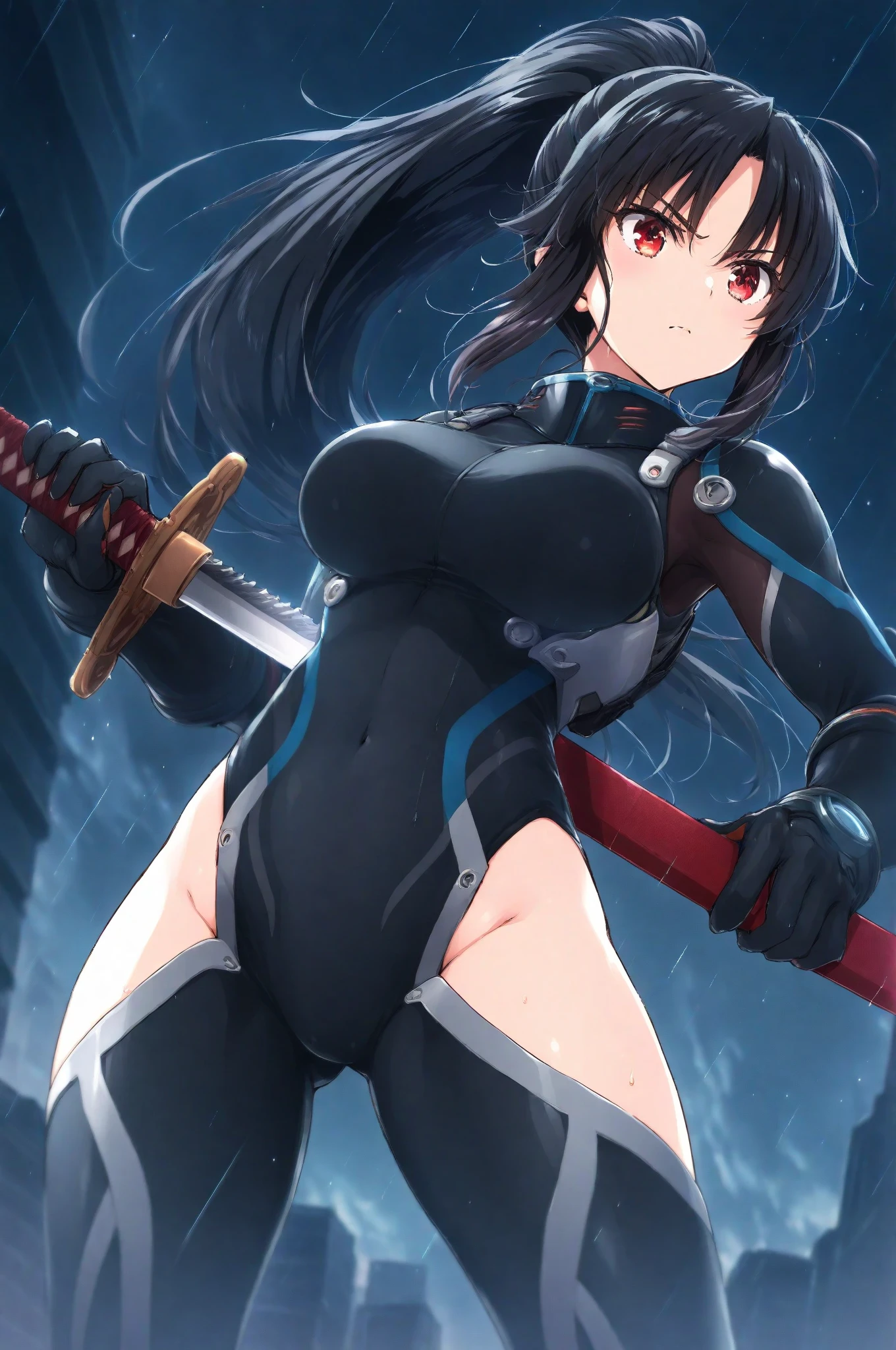 {{1 woman},{{{{{masutepiece++, Best Quality++, Ultra-detailed+, 超A high resolution,(Photorealistic:1.4)Cowboy Shot,Yol Forger, (spy x family)Raw photo,(Yol Forger)+,(Yol Forger)+, (spy x family) deadpan, Black hair, Red Eyes ,鎖骨, side locks, white hairband, earrings, Short hair((black doll suit girl 1.6)),very aesthetic, Best Quality, absurderes, 1girl in, Brainwashed,}}}} Empty eyes,(eyes glowing red :1.4)), ((Colossal tits:1.1))、(The shape of the pubic area is clearly visible)) Cyberpunk, Dark Lab, darkened room,(Neon light:1.2), (Night:1.5), (Stand up and raise your right arm in salute, Left hand on hip)