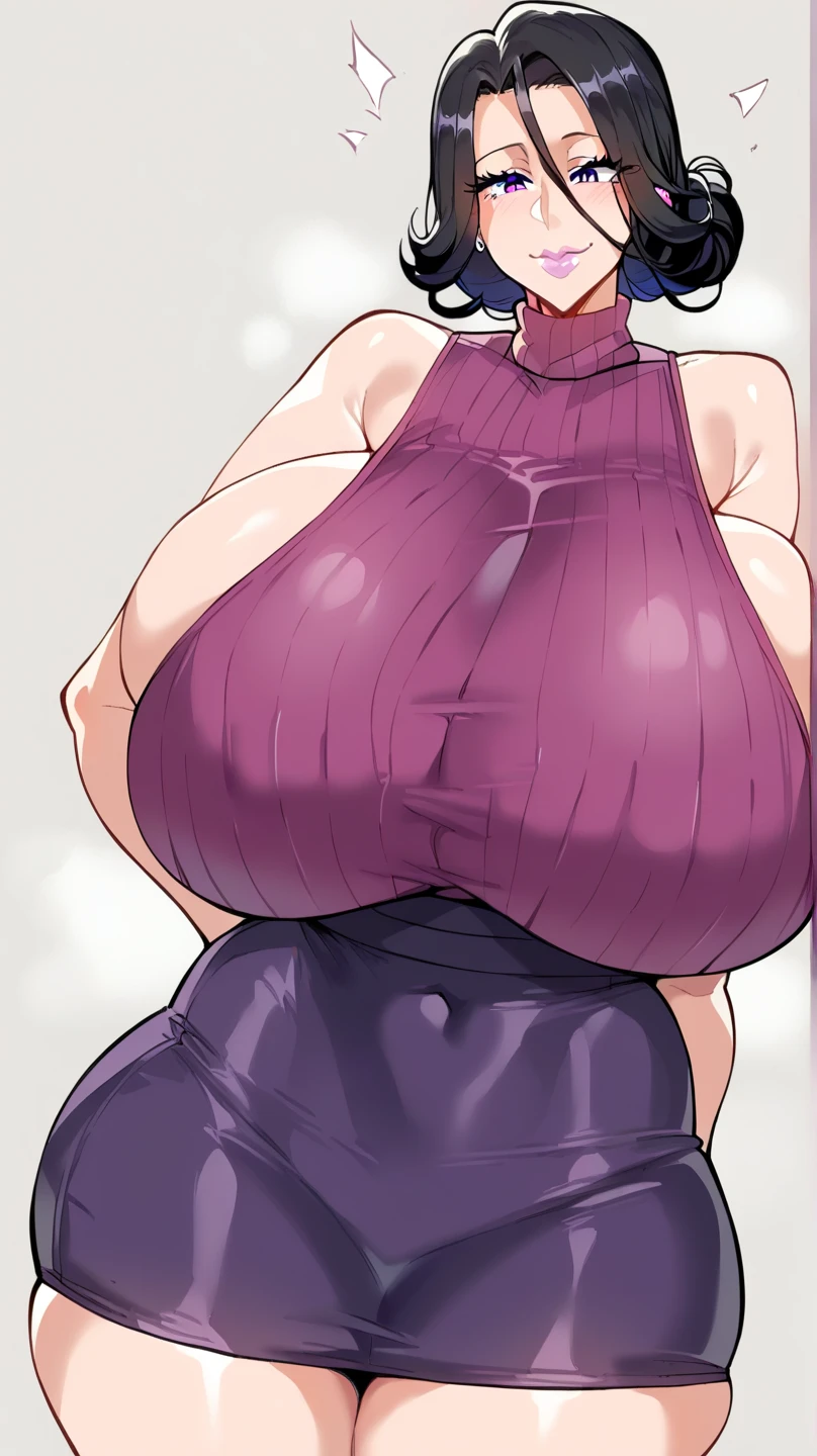 A woman big breasted sexy cute beautiful ash blonde hair round short messy cut her slanted orange eye wears white blouse under simple purple shirt and a tight black skirt black heel