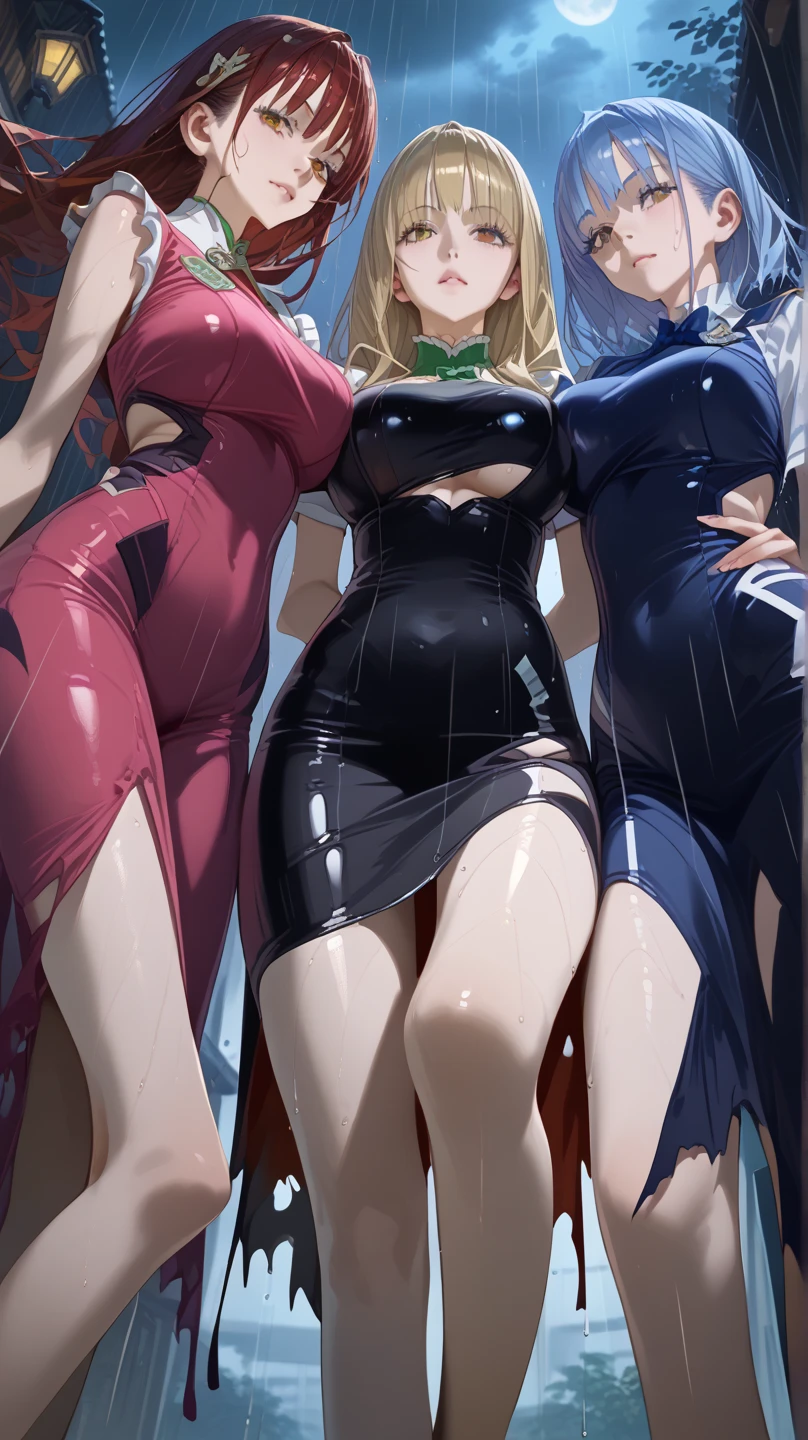 4 girls, 1)Curvaceous figure, imposing presence, dark hair, striking green eyes, authoritative demeanor. 2)Softened figure, gray-haired, emerald-green eyes, charming demeanor. 3)Petite, voluptuous, black hair, emerald-green eyes, innocent-looking yet sensual. 4)Small-framed, delicate, blonde hair, striking azure-blue eyes, naive yet mischievous aura.