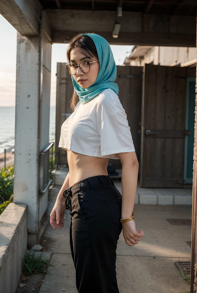 Malay girl wear white shawl hijab, wear yellow band shirt with pink short leggings ,eyewear,  curve back, small round ass, seating and enjoying fresh air in kenyir lake, wear backpack, front view, hijab blown, windy, detail skin, age spot, detail skin texture, slim girl, big breast, slim abs, small waists, wide hips, thick thighs, slim beautiful body, morning, sunrise, smiling, happy, bright lighting, kenyir lake in background, blur background, bokeh, location: kenyir lake,
