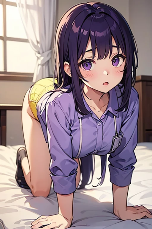 Young girl with blue hair,short straight hair and short bangs (purple eyes),, ((small bushy eyebrows)), wearing gothic lolita clothing, lolicon , large breast, breasts out of blouse, walking to school, bored look, bored face, , lifting her skirt to show her vagina wet with semen, having sex